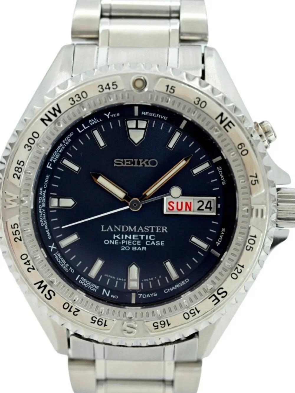 Seiko 41mm Men's Kinetic Landmaster One Piece Case SBCW019 Blue Watch 5M43-0E80!